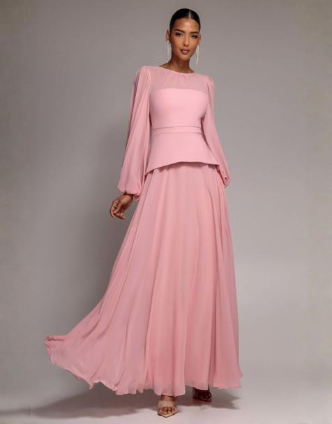 Goddiva Bishop sleeve peplum top sculpting stretch jersey crepe and chiffon maxi dress in blush - view 1
