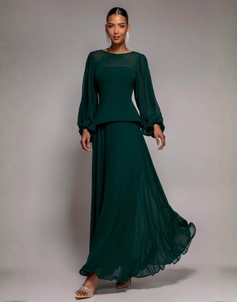 Goddiva Bishop sleeve peplum top sculpting stretch jersey crepe and chiffon maxi dress in emeraldgreen - view 1