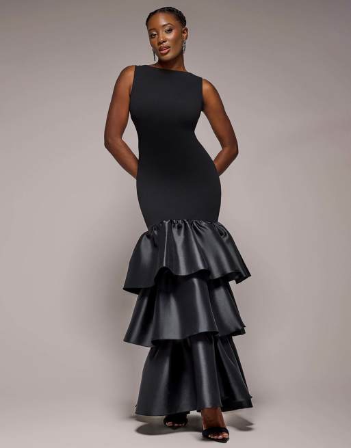 Goddiva Boat neck satin & crepe tiered maxi dress in black