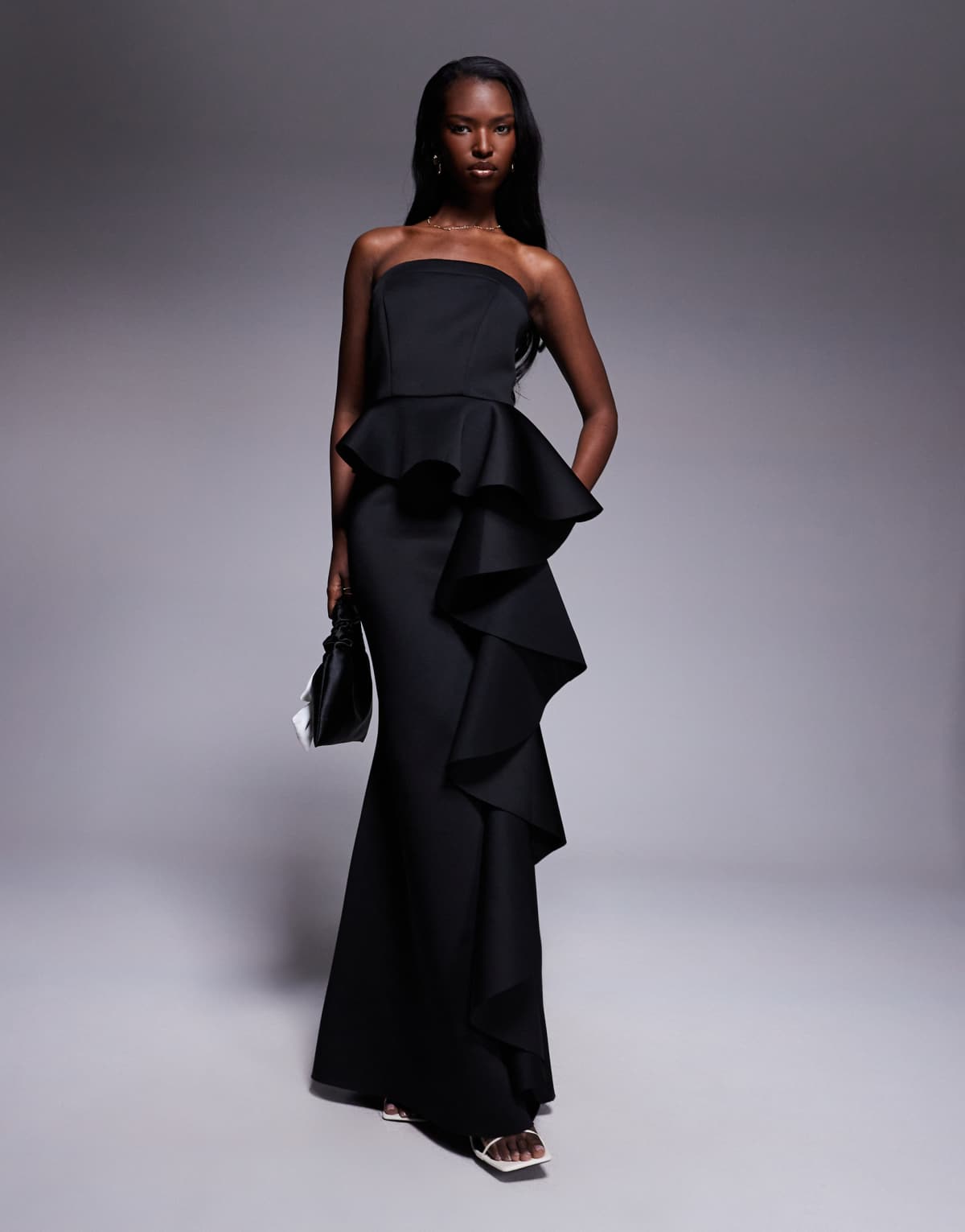 Goddiva Boobtube peplum  waterfall frill maxi dress in black