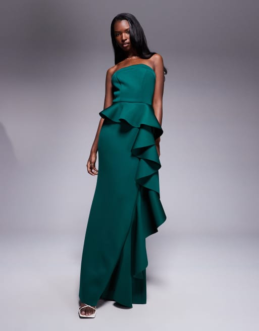 Goddiva Boobtube peplum  waterfall frill maxi dress in emerald