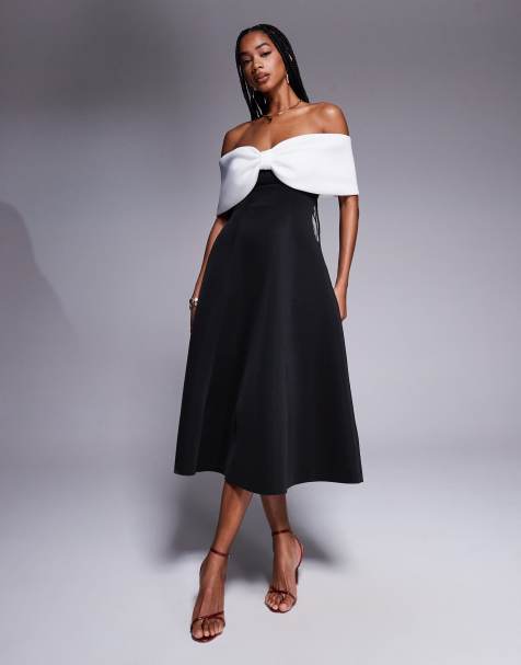 Goddiva Bow off the shoulder a line midi dress in blackcream - view 1
