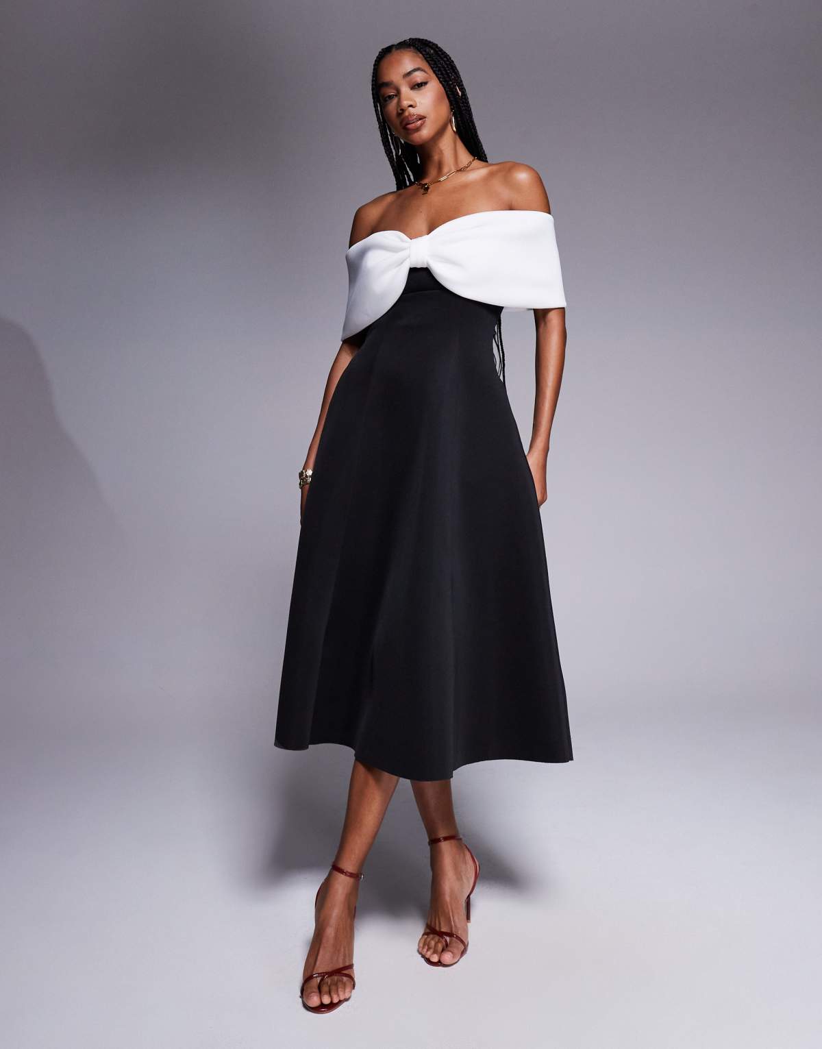 Goddiva Bow off the shoulder a line midi dress in blackcream