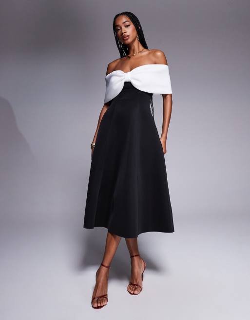 Goddiva Bow off the shoulder a line midi dress in blackcream