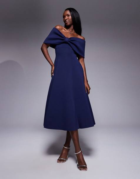 Goddiva Bow off the shoulder a line midi dress in navyblue - view 1