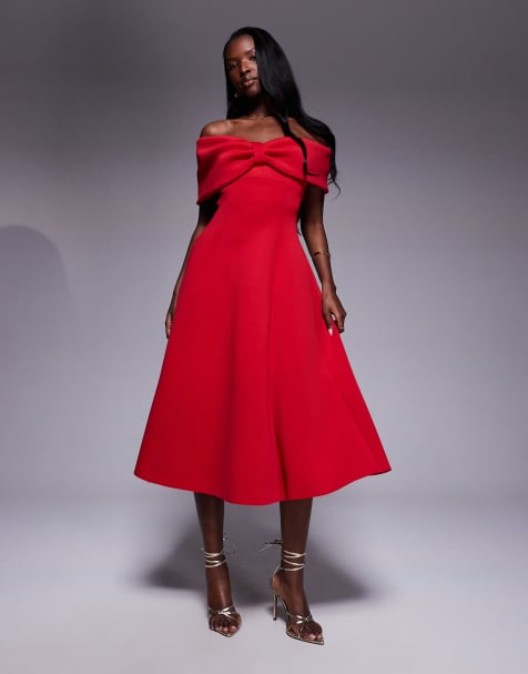 Goddiva Bow off the shoulder a line midi dress in red - view 1