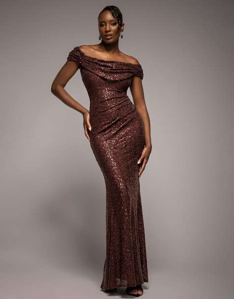 Goddiva Cap sleeve iridescent sequin cowl maxi dress in brown - view 1