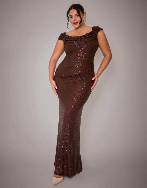 Goddiva Curve Cap sleeve iridescent sequin cowl maxi dress in brown