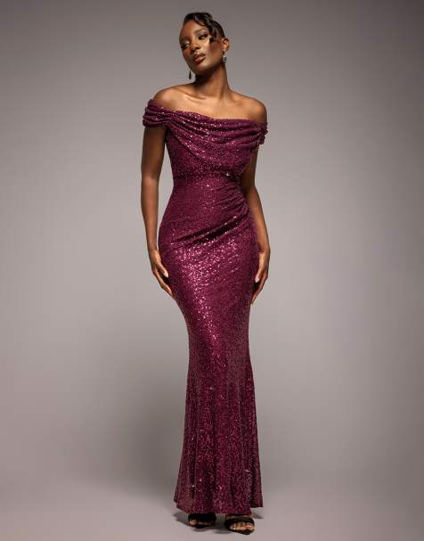 Goddiva Cap sleeve iridescent sequin cowl maxi dress in burgundyred