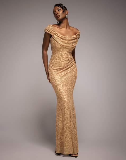 Goddiva Cap sleeve iridescent sequin cowl maxi dress in gold - view 1