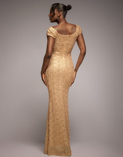 Goddiva Cap sleeve iridescent sequin cowl maxi dress in gold, 2 of 4