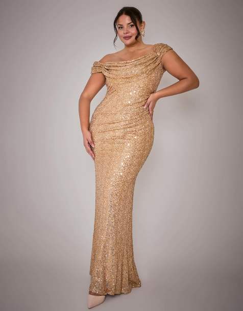 Goddiva Cap sleeve iridescent sequin cowl maxi dress in gold