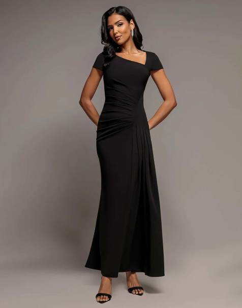 Goddiva Cap sleeve pleated asymmetric maxi dress in black - view 1
