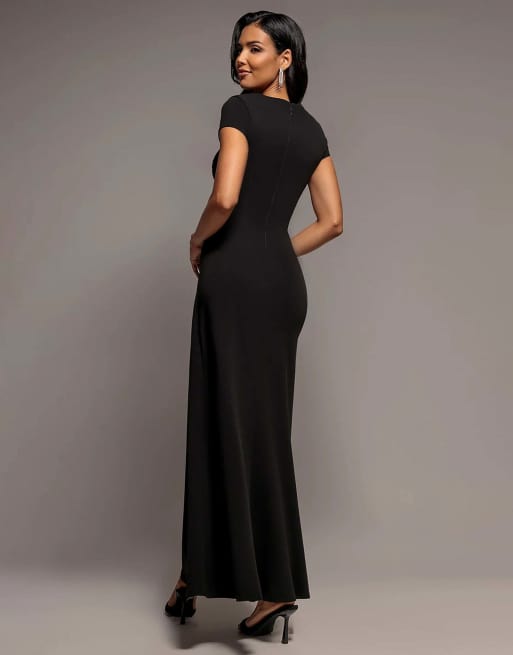 Goddiva Cap sleeve pleated asymmetric maxi dress in black, 2 of 4