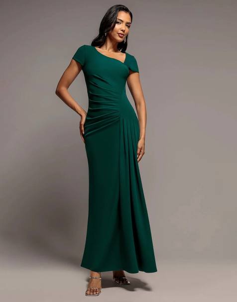 Goddiva Cap sleeve pleated asymmetric maxi dress in emerald green - view 1