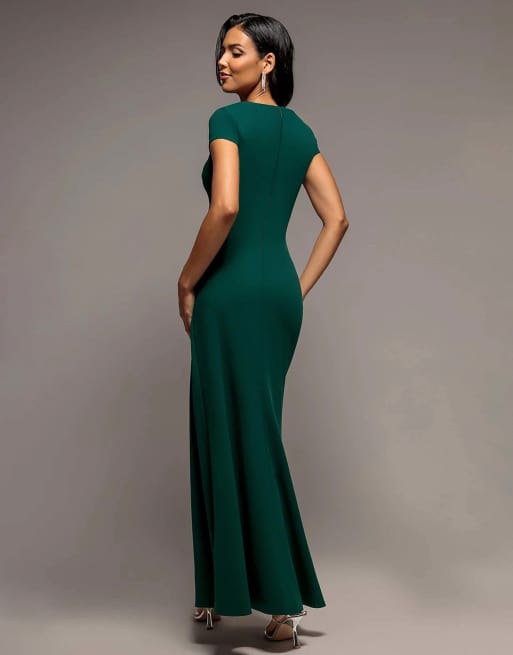 Goddiva Cap sleeve pleated asymmetric maxi dress in emerald green, 2 of 4