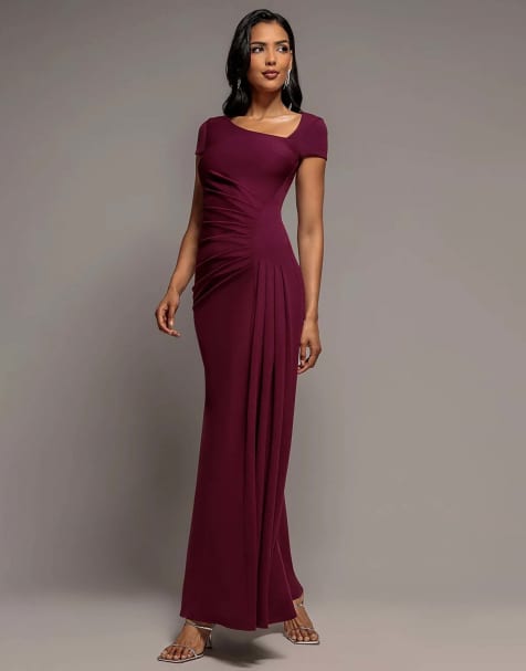 Goddiva Cap sleeve pleated asymmetric maxi dress in plum - view 1