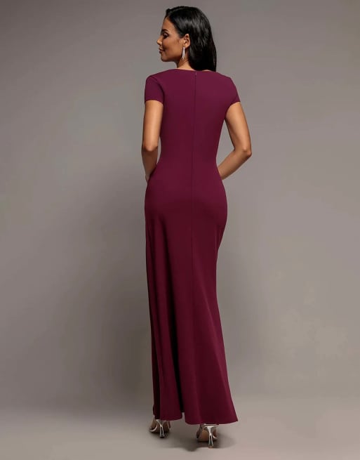 Goddiva Cap sleeve pleated asymmetric maxi dress in plum, 2 of 4