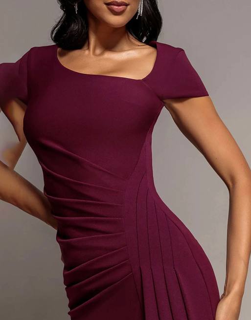 Goddiva Cap sleeve pleated asymmetric maxi dress in plum, 3 of 4