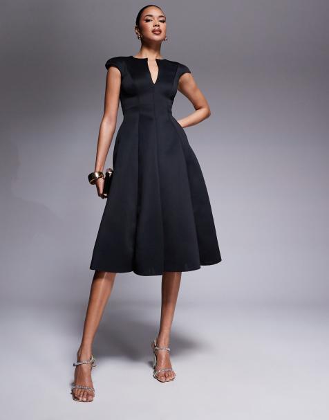Goddiva Cap sleeve plunging v neckline a-line midi dress in black