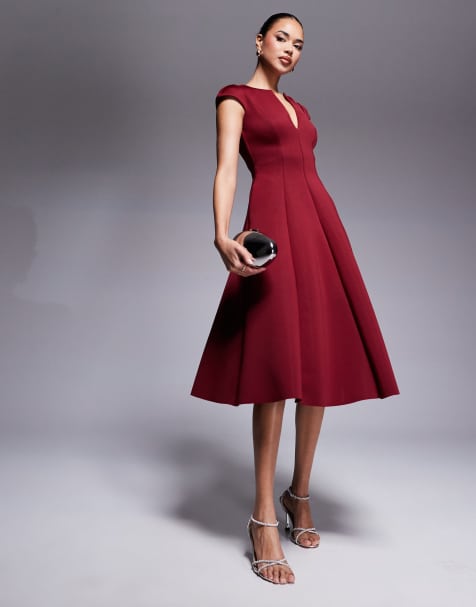 Goddiva Cap sleeve plunging v neckline a-line midi dress in wine