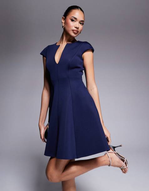 Goddiva Cap sleeve plunging v neckline skater mini dress in navy