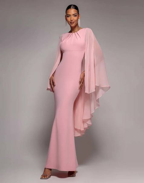 Goddiva Cape sleeve chiffon and sculpting stretch jersey crepe maxi dress in blush