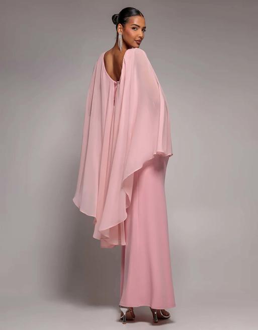 Goddiva Cape sleeve chiffon and sculpting stretch jersey crepe maxi dress in blush, 2 of 4