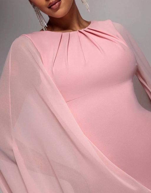Goddiva Cape sleeve chiffon and sculpting stretch jersey crepe maxi dress in blush, 3 of 4