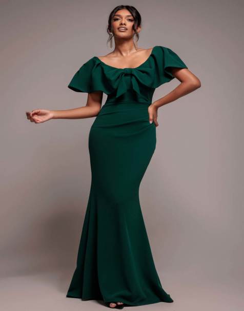 Goddiva Cape sleeve detail front tie maxi dress in emerald