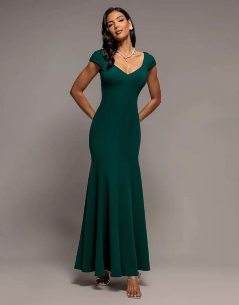 Goddiva Capped sleeve v neck pleated fit & flare maxi dress in emerald green