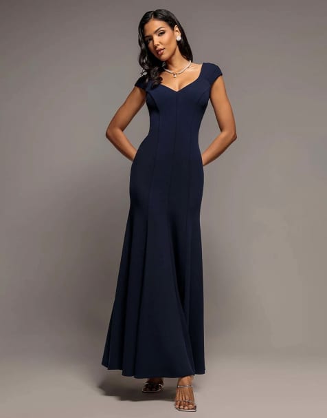 Goddiva Capped sleeve v neck pleated fit & flare maxi dress in navy