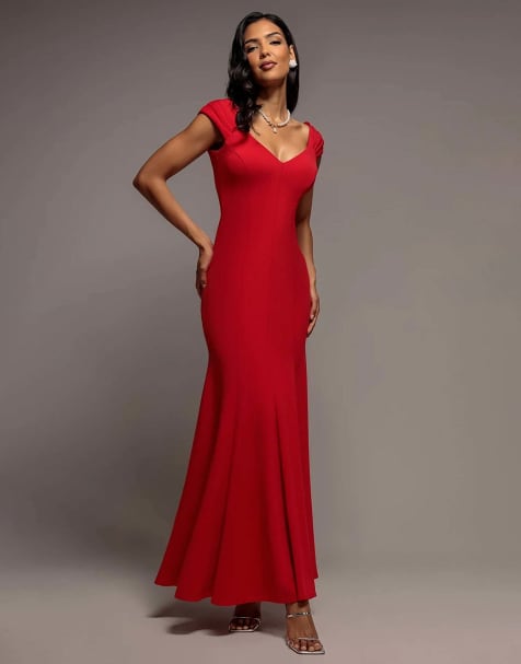Goddiva Capped sleeve v neck pleated fit & flare maxi dress in red