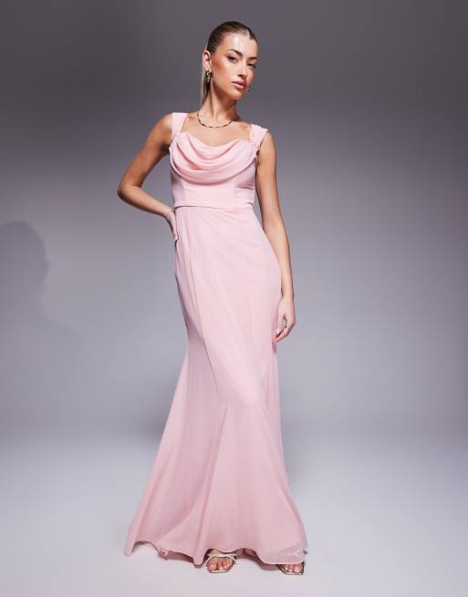 Goddiva Chiffon bardot cowl neck maxi dress in blush