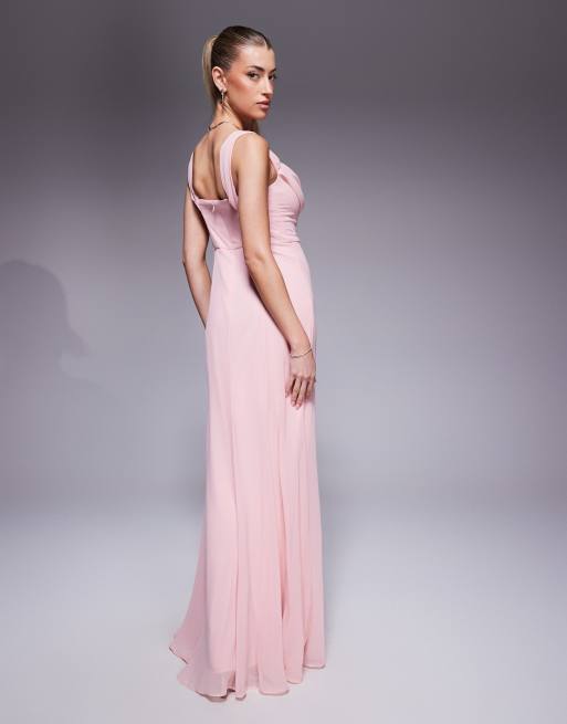 Goddiva Chiffon bardot cowl neck maxi dress in blush | ASOS