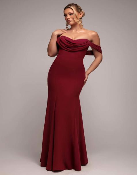 Goddiva Chiffon bardot cowl neck maxi dress in burgundyred
