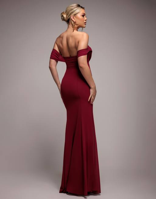 Goddiva Chiffon bardot cowl neck maxi dress in burgundyred, 2 of 4