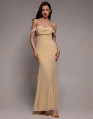 Goddiva Chiffon bardot cowl neck maxi dress in butteryellow