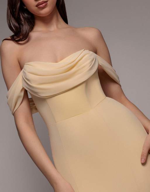 Goddiva Chiffon bardot cowl neck maxi dress in butteryellow, 3 of 4