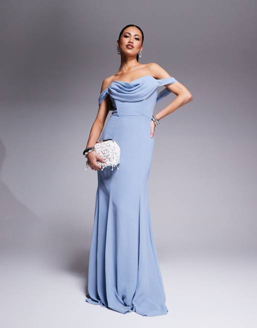 Goddiva Chiffon bardot cowl neck maxi dress in duskyblue