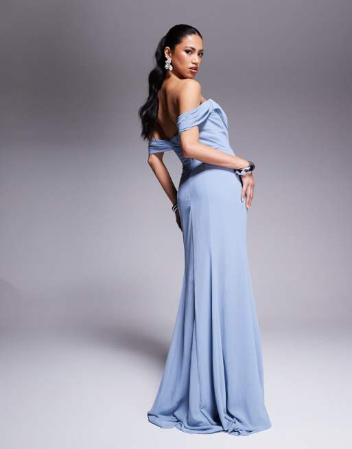 Goddiva Chiffon bardot cowl neck maxi dress in duskyblue, 3 of 4