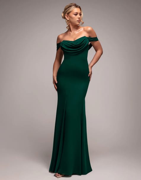 Goddiva Chiffon bardot cowl neck maxi dress in emeraldgreen - view 1