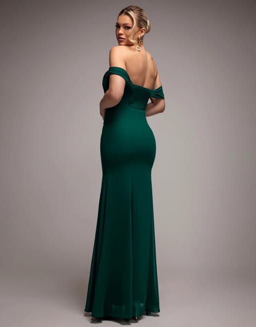 Goddiva Chiffon bardot cowl neck maxi dress in emeraldgreen, 2 of 4