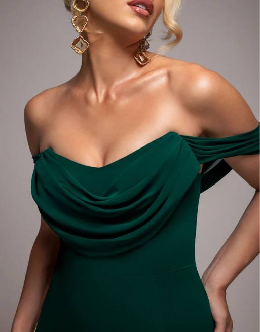 Goddiva Chiffon bardot cowl neck maxi dress in emeraldgreen, 3 of 4