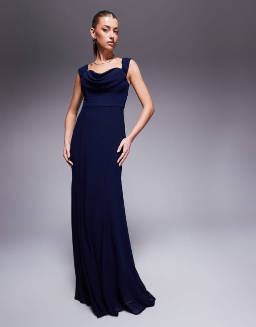 Goddiva Chiffon bardot cowl neck maxi dress in navy, 2 of 4