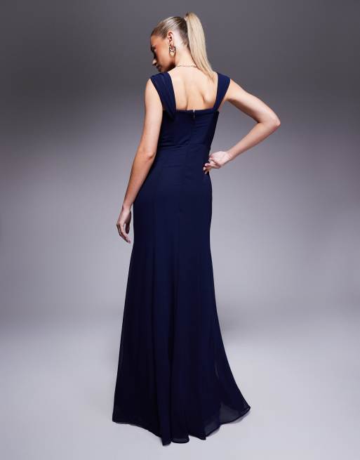 Goddiva Chiffon bardot cowl neck maxi dress in navy, 4 of 4