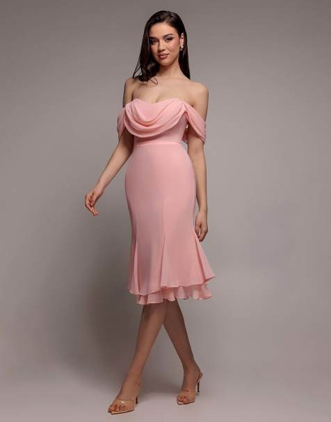 Goddiva Chiffon cowl off shoulder wing tiered midi dress in blush - view 1