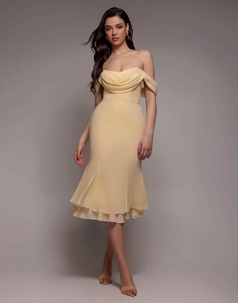 Goddiva Chiffon cowl off shoulder wing tiered midi dress in butteryellow - view 1