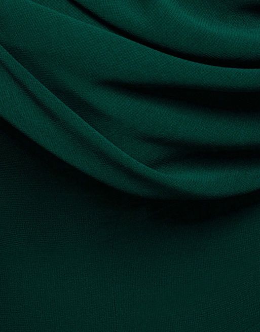 Goddiva Chiffon cowl off shoulder wing tiered midi dress in emeraldgreen, 2 of 4