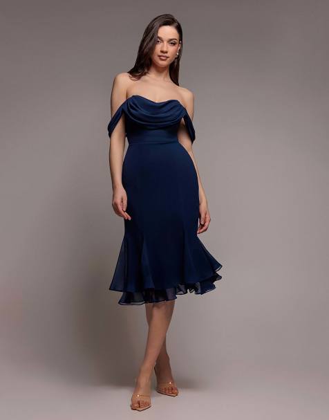 Goddiva Chiffon cowl off shoulder wing tiered midi dress in navy - view 1